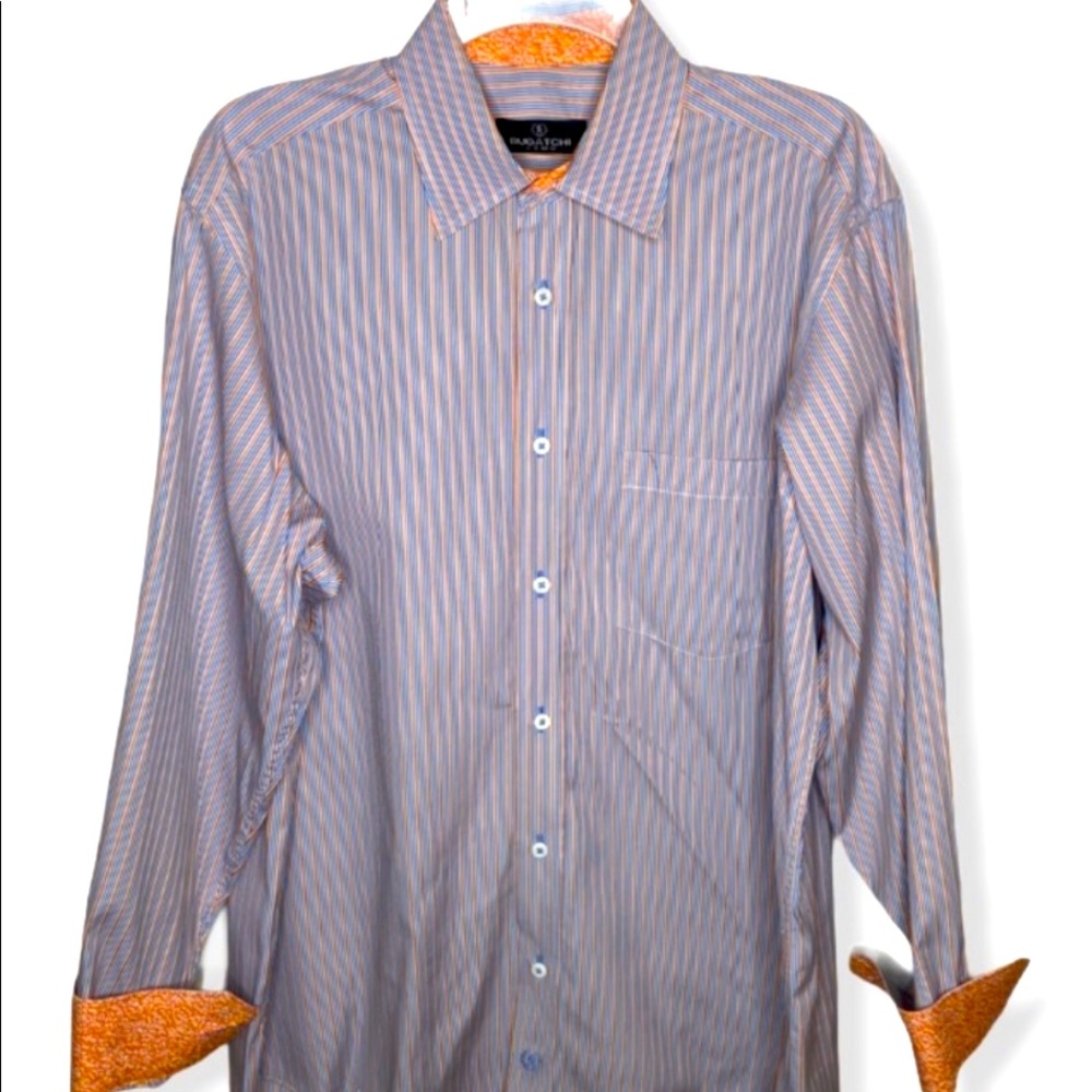 Bugatchi Uomo Blue & Orange Shirt Contrast Cuff L